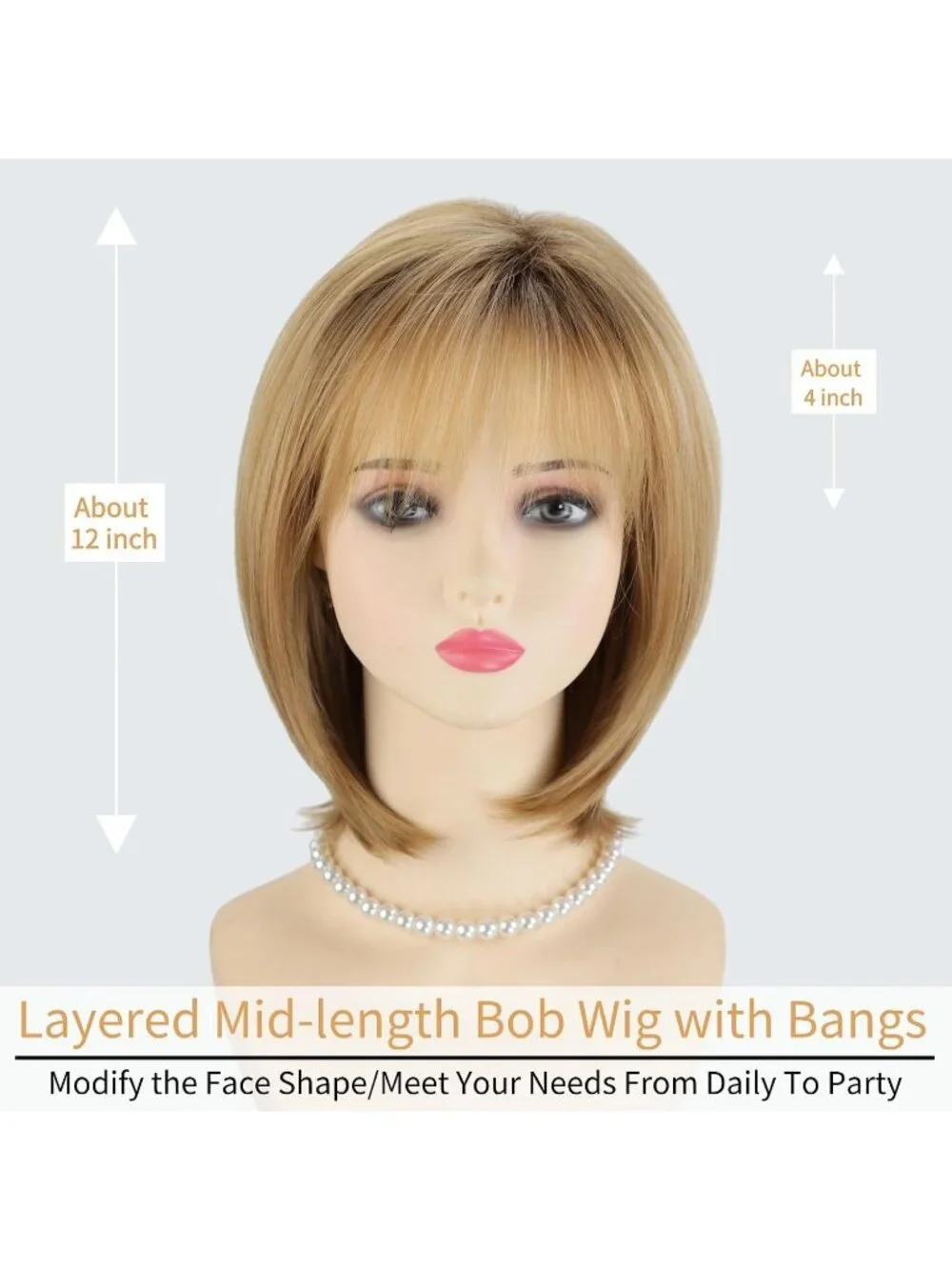 Women's Golden Blonde 12 Inch Mid Length Heat Synthetic Straight Layered Bob Wig
